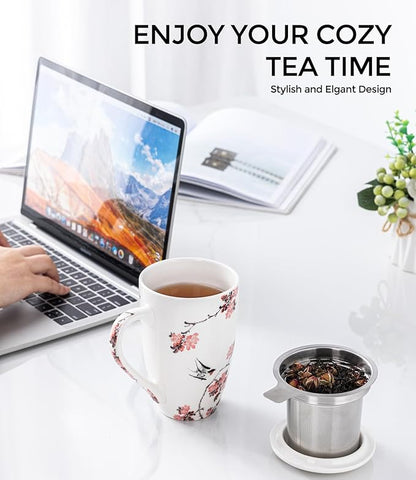 AmorArc Porcelain Tea Mug with Infuser and Lid, 18 Oz Tea Cup with Handle for Loose Leaf Tea, Gift for Tea Lovers of Men and Women