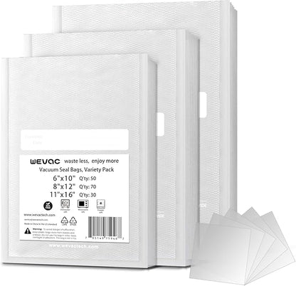 Wevac 6" x 10", 8" x 12" and 11" x 16", 150 Count, Vacuum Sealer Bags for Food Saver, Seal a Meal, Weston, Commercial Grade, BPA Free, Heavy Duty, Great for Vac Storage, Meal Prep and Sous Vide