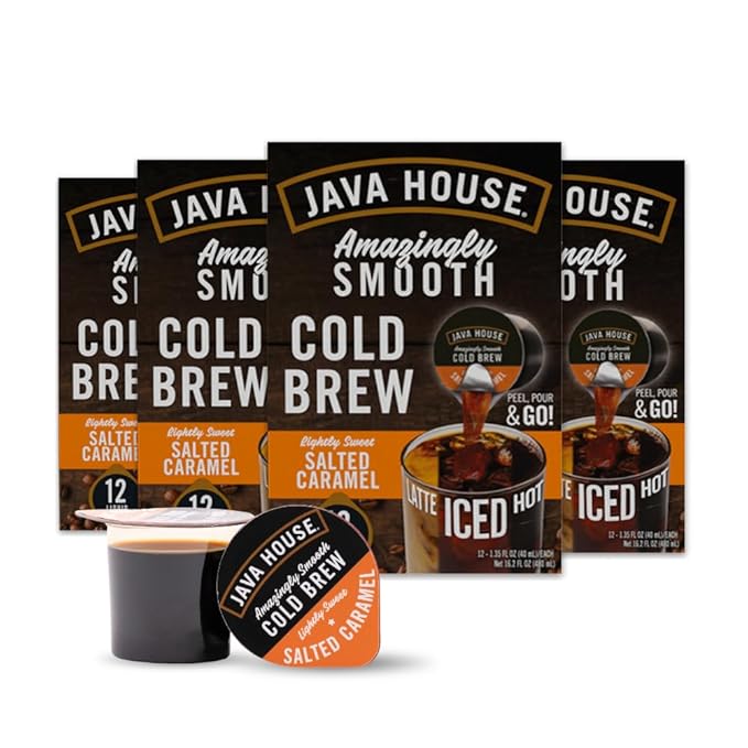 JAVA HOUSE Salted Caramel Lightly Sweet Cold Brew Coffee Pods, (48 Count) Peel and Pour Pods Hot or Iced