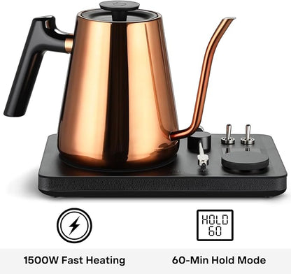 Lafeeca DJ Electric Gooseneck Kettle for Pour Over Coffee & Tea - Water Boiler - Turntable Design - Quick Heating & Temperature Control - Copper