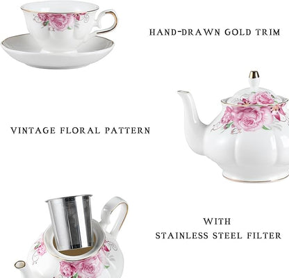 Sweejar Ceramic Teapot with Infuser, Floral Relief Gold Rimmed Teapot, 29 OZ Porcelain Tea Pot for Blooming and Loose Tea, Coffee...(Flower)