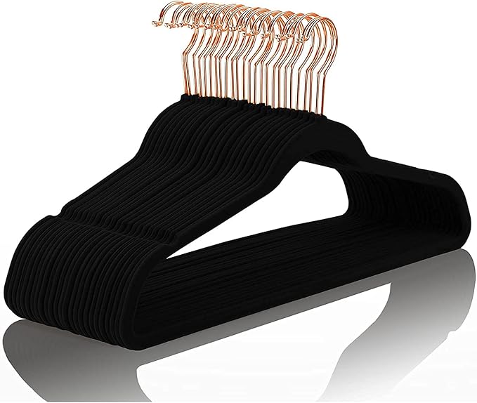 MIZGI Premium Velvet Hangers (60 Pack) Heavy Duty- Non Slip Felt Hangers - Velvet Suit Hanger Black - Rose Gold Hooks,Space Saving Clothes Hanger