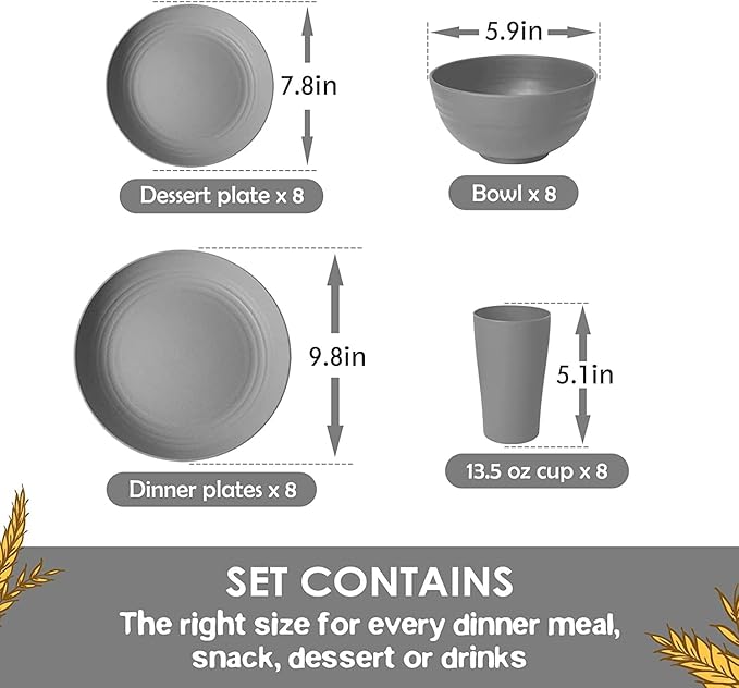 Teivio 32-Piece Kitchen Plastic Wheat Straw Dinnerware Set, Service for 8, Dinner Plates, Dessert Plate, Cereal Bowls, Cups, Unbreakable Colorful Plastic Outdoor Camping Dishes, Grey