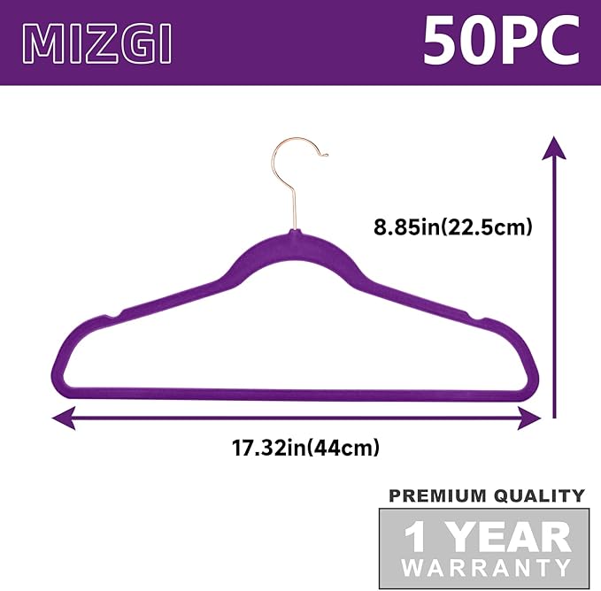 MIZGI Premium Velvet Hangers (50 Pack) Heavy Duty - Non Slip Felt Hanger - Velvet Suit Hangers Dark Purple - Rose Gold Hooks,Space Saving Clothes Hanger
