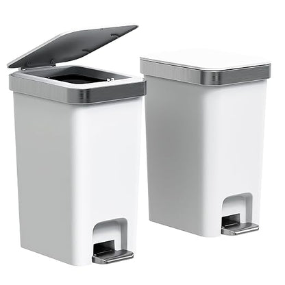 2Pack Small Bathroom Trash Can with Lid Soft Close, 10 Liter/2.6 Gallon Slim Garbage Can-Metal Step and Press top Lid, Mini Modern Waste Basket for Toilet, Office, Bedroom,Dorm,Grayish-White