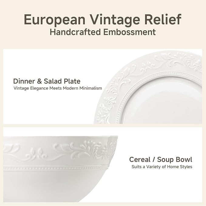 18Pcs Vintage Relief White Bone China Set, Service