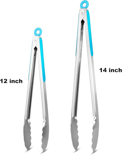 304 Stainless Steel Kitchen Cooking Tongs, 12" and 14" Set of 2 Sturdy Grilling Barbeque Brushed Locking Food Tongs with Ergonomic Grip, Blue
