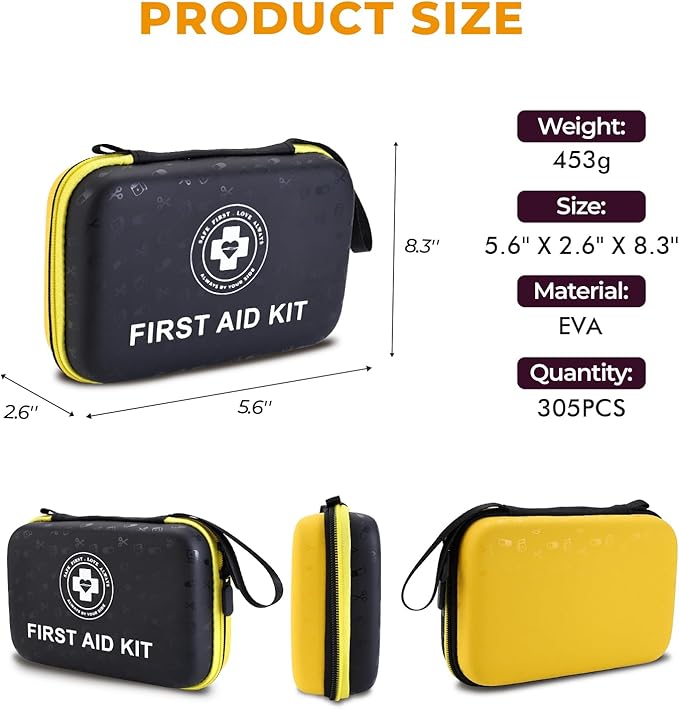 Premium First Aid Kit - 305 Piece Dual-Color Emergency Kit with Hard Shell & Fluorescent Interior Coating, Compact Survival Kit for Home, Car, Travel, Hiking & Outdoor (Black/Yellow)