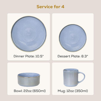 Romswi Dinnerware Set for 4, 16Pcs Stoneware Plates and Bowls Sets with Mugs, Chip & Scratch Resistant Dish Set, Handmade Reactive Glaze Plate Set, Oven, Microwave and Dishwasher Safe, Gray Blue