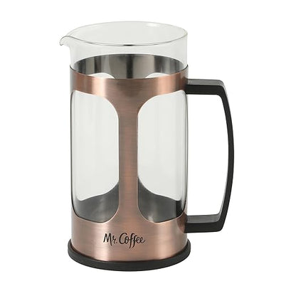 Mr. Coffee Daily Brew French Press Coffee Maker, 30-Ounce Glass Carafe with High Heat Resistant Durable Borasilicate Glass & Copper Metal Frame and Plunger, Includes Coffee Scoop