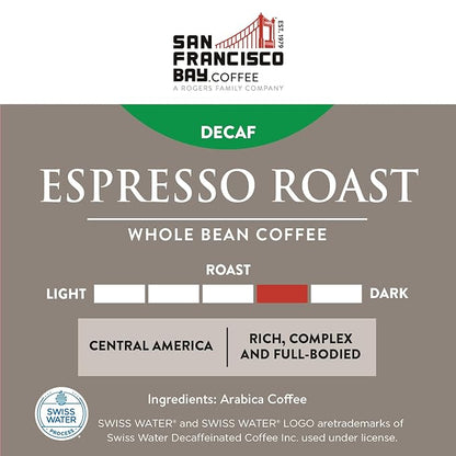 San Francisco Bay Coffee - Decaf Medium-Dark Roast Whole Bean Coffee - Decaf Espresso Roast (2 lb bag) - Swiss Water Processed