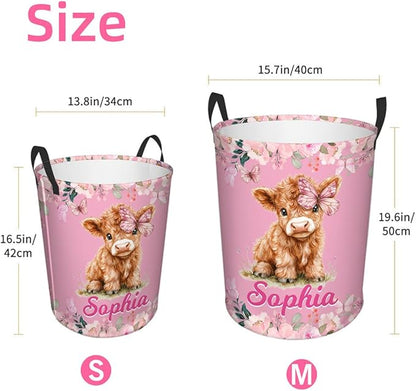callie Personalized Highland Cow Laundry Basket for Kids Girls, Waterproof Collapsible Laundry Hamper, Clothes Toys Storage Bin for Bedroom (13.8" x 16.5", 15.7" x 19.6")