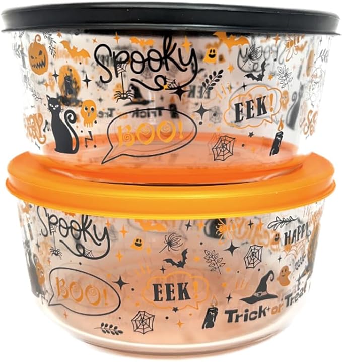 DURA LIVING Halloween Glass Food Storage Containers with Lids | Set of 4 (2 Containers + 2 Lids) 4-Cup | Spooky Design, BPA-Free, Microwave & Dishwasher Safe|Perfect for Meal Prep, Snacks & Leftovers