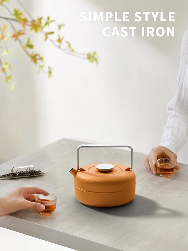 Toptier Teapot with Removable Infuser, Cast Iron Tea Kettle Stovetop Safe, Solid Geometry Cylinder Design Tea Pot Coated with Enameled Interior for 27 Ounce (800 ml), Yellow to Orange