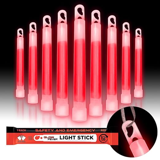 Glow Fever Emergency Safety Military Grade Glow Sticks; 10pcs, 6" Ultra Bright Glow Sticks with 12 Hours Duration. Great for Hiking, Party, Camping, Blackouts, Hurricane and Survival Kits (Red)