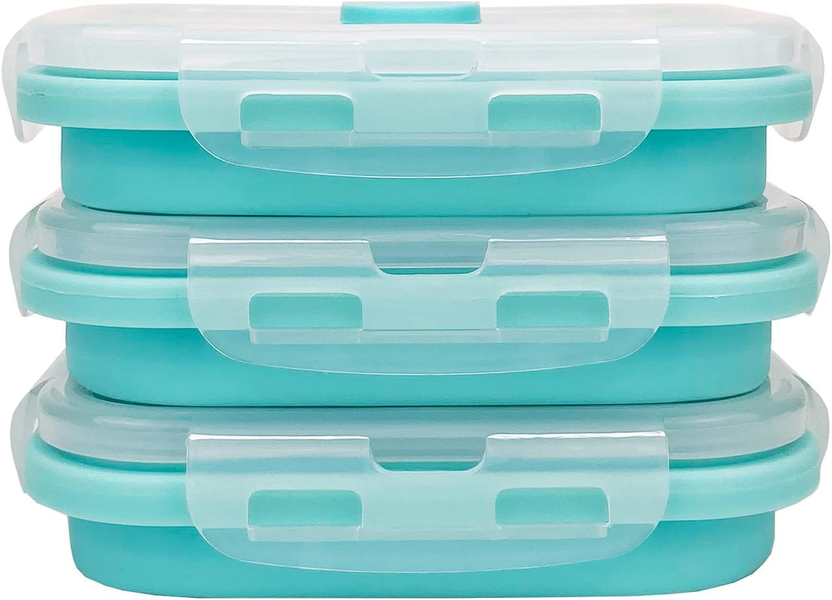 CCyanzi 3piece Collapsible Food Storage Containers with Lids, Silicone Lunch Container, Microwave & Freezer Safe, Space Saving for Kitchen Cabinet and Camping Backpack,(blue)