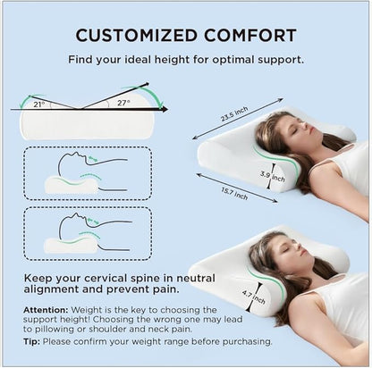 Bedsure Cervical Neck Pillow for Sleeping, Memory Foam with Cool-Touch Ice Pillowcases, Ergonomic Contour Pain Relief, Orthopedic Pillow for Neck Support for Side, Back, Stomach Sleepers ﻿