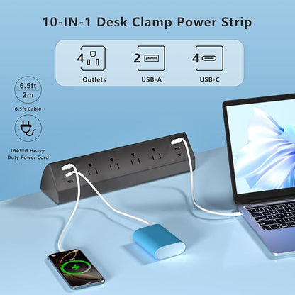 Desk Clamp Power Strip with 40W Total Fast Charging Station, 4 PD 20W USB C Ports, 4 AC Outlets, 1875W Surge Protectors, 6.5 FT Flat Plug Desk Clamp Power Strip Fit 1.9" Tabletop Edge