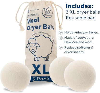GE Appliances Wool Dryer Balls, XL Reusable Natural Fabric Softener Made of 100% Pure New Zealand Wool, Set of 3