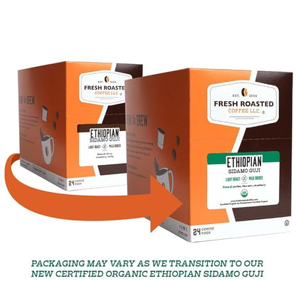 Fresh Roasted Coffee, Organic Ethiopian Sidamo Natural | USDA Organic, 100% Single Origin, Kosher | Light Roast 72 Pods for K Cup Brewers