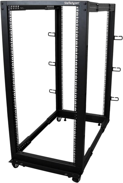 StarTech.com 4-Post 25U Mobile Open Frame Server Rack, 19in Network Rack with Wheels, Rolling Rack for Computer/AV/Data/IT Equipment - Casters, Leveling Feet or Floor Mounting (4POSTRACK25U)