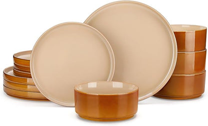 vancasso ONION Ceramic Plates and Bowls Sets, 12 Pieces Brown Dinnerware Sets