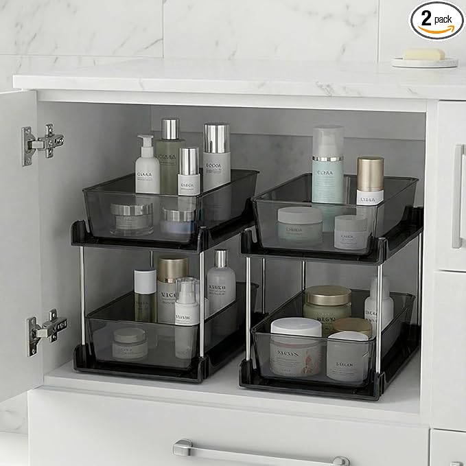 2 Pack 2 Tire Under Sink Organizer, Bathroom Organizers and Storage,Cabinet Drawers Bins, Pull-Out Organization with Track for Pantry, Kitchen,Fridge,Vanity Countertop (Black Clear