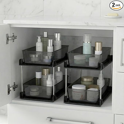 2 Pack 2 Tire Under Sink Organizer, Bathroom Organizers and Storage,Cabinet Drawers Bins, Pull-Out Organization with Track for Pantry, Kitchen,Fridge,Vanity Countertop (Black Clear