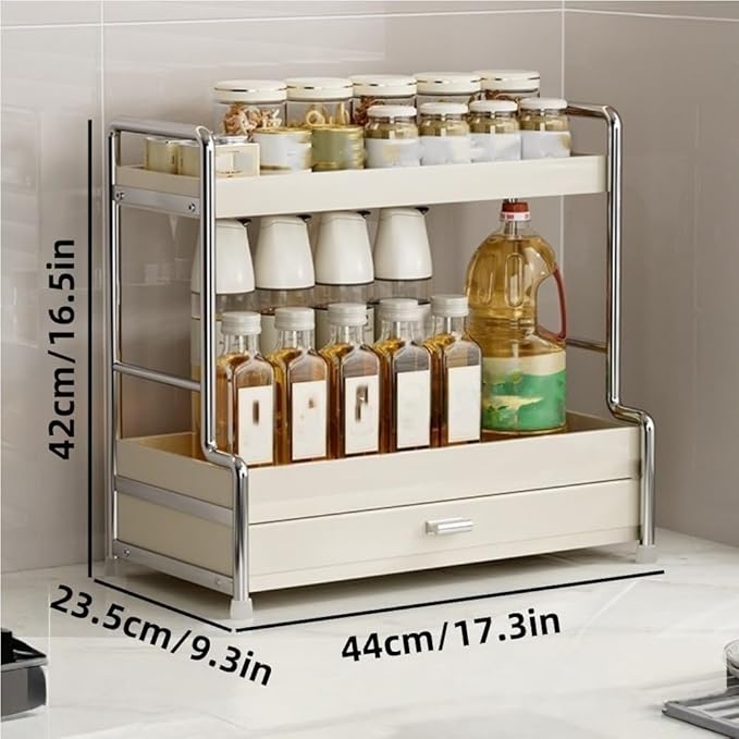 2-Tier Metal Spice Rack Desktop Storage Rack with Drawers Multifunctional Organizer Cosmetic Box for Bathroom Kitchen Beautiful