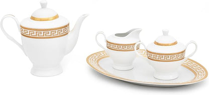 Porcelain Dinnerware Set for 8 - Luxurious 49 Piece Dish Set - White and Gold Greek Key Design - Dinner Plates, Bowls, Cups and Saucers for Everyday Dishes or Formal Occasions (Meander Gold 2049)