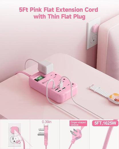6 USB(2 USB C) Pink Extension Cord- 5Ft Travel Power Strip with 24W USB Charging Station and 4 Outlets, Pink Desk Accessories with Surge Protector for Cute Kawaii Gifts College Dorm Desk