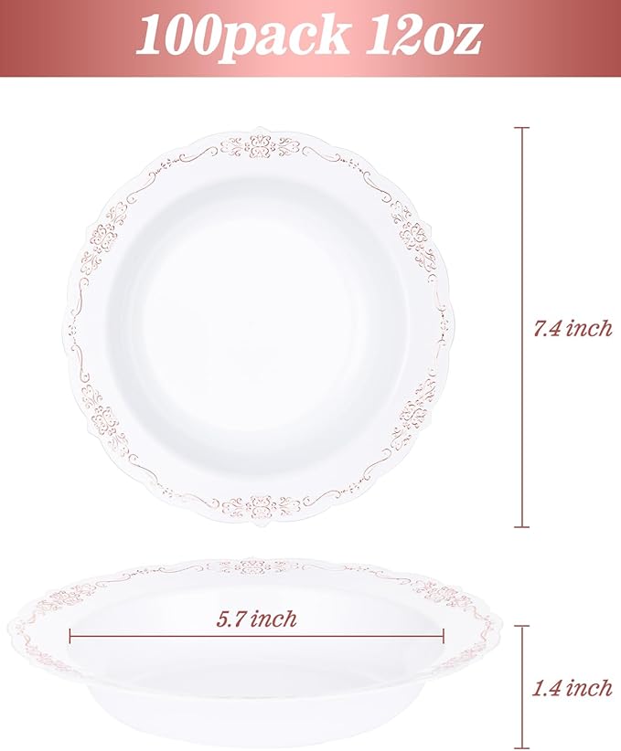100 Pack White Plastic Bowls with Rose Gold Rim, 12oz Plastic Dessert Bowl, Bowls Disposable Heavy Duty for Hot Soup, Dessert, Salad, Cake, Ice Cream, Fruit