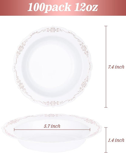 100 Pack White Plastic Bowls with Rose Gold Rim, 12oz Plastic Dessert Bowl, Bowls Disposable Heavy Duty for Hot Soup, Dessert, Salad, Cake, Ice Cream, Fruit