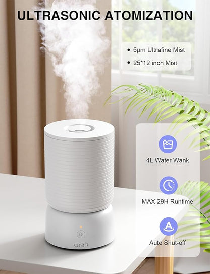 CLEVAST Smart Humidifiers for Bedroom, 1 Gal/4L Cool Mist Top Fill Humidifier with Essential Oil Diffuser, Quiet Operation for Baby Nursery, Home, Office, Large Room, Works with Alexa/Google Assistant