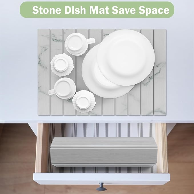 Stone Dish Drying Mat for Kitchen Counter,24"(L)×16"(W) Collapsible Fast-Drying Diatomaceous Earth Mats with Towel Sanding Tool,Versatile Stone Drying Mats for Cups Dishes Bottles