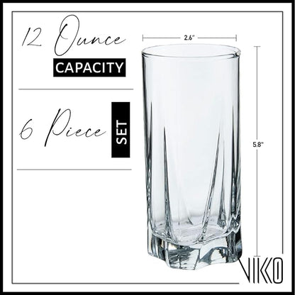 Vikko Drinking Glasses, 12 Oz Drinking Glasses Set of 6, Crystal Clear Glass Cups for Water or Juice, Highball Glass Tumbler & Water Glasses for Drinking