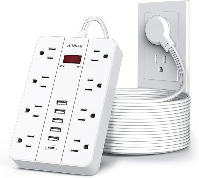 Extension Cord Power Strip Surge Protector 15 Ft, HUNIAN Flat Plug with 8 Widely Spaced Outlets 6 USB (1 USB C Port), Wall Mount Charging Station for Home and Office