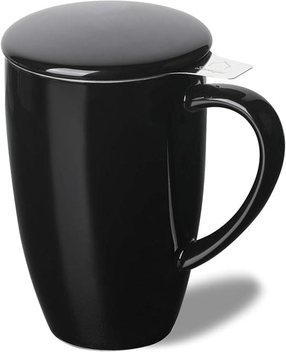 Sweejar Porcelain Tea Infuser Mug with Lid, 16 oz Teacup with Strainers for Loose Leaf Tea, Microwave and Dishwasher Safe Coffee Mug(Black)