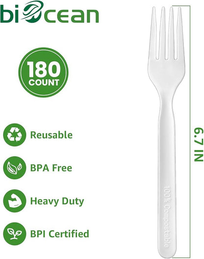 100% Compostable Forks 180 Count Disposable Forks bulk Utensils Set Heavy Duty Fork Silverware Eco Friendly Flatware for Party Camping Picnics Wedding-Ivory White