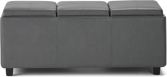 SIMPLIHOME Avalon 42 inch Wide Contemporary Rectangle Storage Ottoman in Stone Grey Vegan Faux Leather, Assembled, For the Living Room, Entryway and Family Room