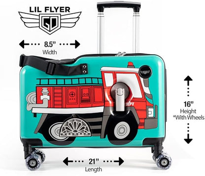 Younglingz LIL FLYER GO Version 2 Ride On Suitcase for Kids | Carry On Luggage with Toddler Seat, Foldable Handlebars, Pedals, and Removable Wheels | Holds up to 80 lbs | FIRETRUCK | Ages 2-6