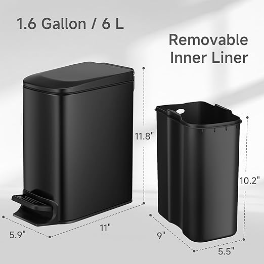 TIPGO Slim Bathroom Trash Can with Lid Soft Close, Step Pedal, 6 Liter / 1.6 Gallon Stainless Steel Trash Bin, Small Garbage Cans for Bedroom, Office, Kitchen (Matte Black)