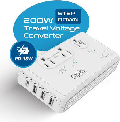 Ceptics Voltage Converter for Travel, 220V to 110V Converter w/Type C, E/F, G, I Plugs, 2000W Outlet for Hair Dryers, 4 USB w/ 1 USB-C PD 18W Fast Charge, for Curling Iron, Straightener, Chargers