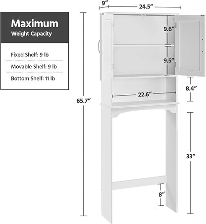 Yaheetech Over The Toilet Cabinet, Double Door Bathroom Storage Organizer, Toilet Rack with Inner Adjustable Shelf and Open Storage Shelf, White