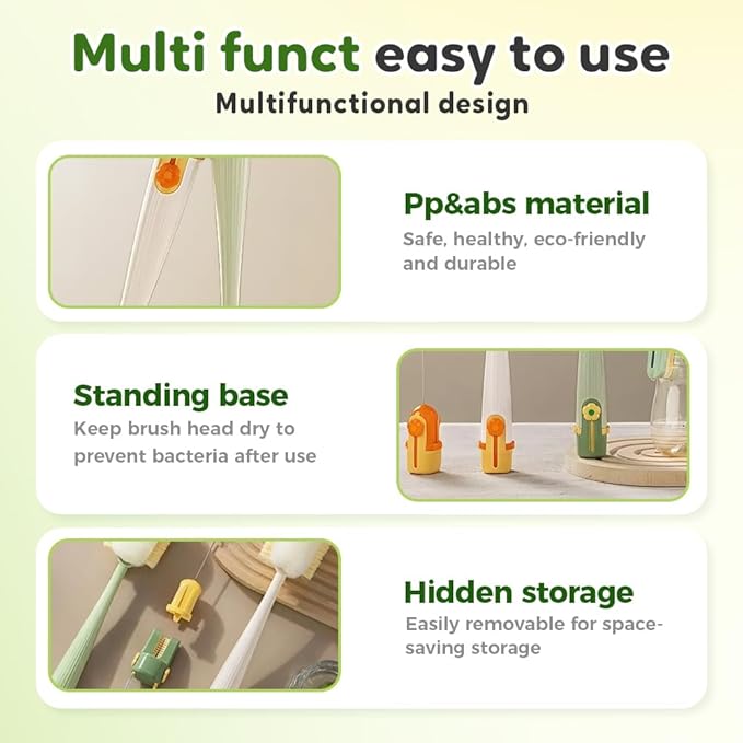 5-in-1 Bottle Cleaning Brush Set, Multifunctional Household Cleaning Kit with Long Flexible Scrubber,for Narrow Mugs, Stainless Steel Cups, Baby Bottles and Tumbler (Green, 2 pcs)