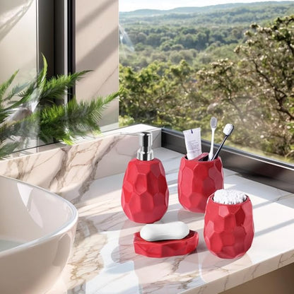 Ceramic Bathroom Accessories Set 4 PCS,Bathroom Toothbrush Holder Set,Soap and Toothbrush Holder Set,Include Toothbrush Holder,Soap Dispenser,Tumbler,Soap Dish,Bathroom Sets Decor Organizer (Red)