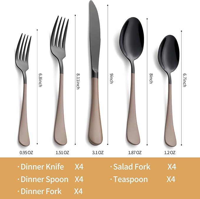 20-Piece Black Silverware Set 18/0 Stainless Steel Silverware Set Brown Handle Cutlery Set Service for 4 Dinner Knives Forks Spoons Set Flatware Set Finish Dishwasher Safe