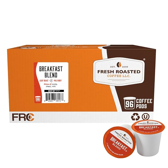Fresh Roasted Coffee, Breakfast Blend, Light Roast, 96 Pods for K Cup Brewers