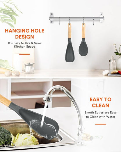 Cooking Spoon and Rice Scooper for Nonstick Cookwares, Great for Cooking and Serving Sturdy BPA-Free Matte Silicone, Wood Handle Spoon for Mixing, Scoop, and Scrape (GREY)