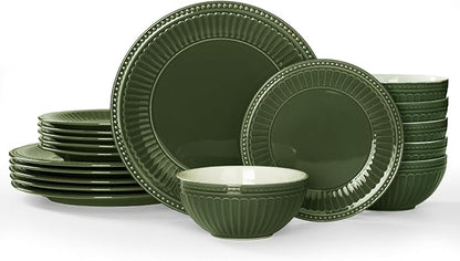 Famiware Garden Plates and Bowls Sets, 18-Piece Dishes Set for 6, Scratch Resistant Kitchen Dishes Dinnerware Set - Microwave and Dishwasher Safe, Reactive Glaze and Embossed Stoneware, Dark Green